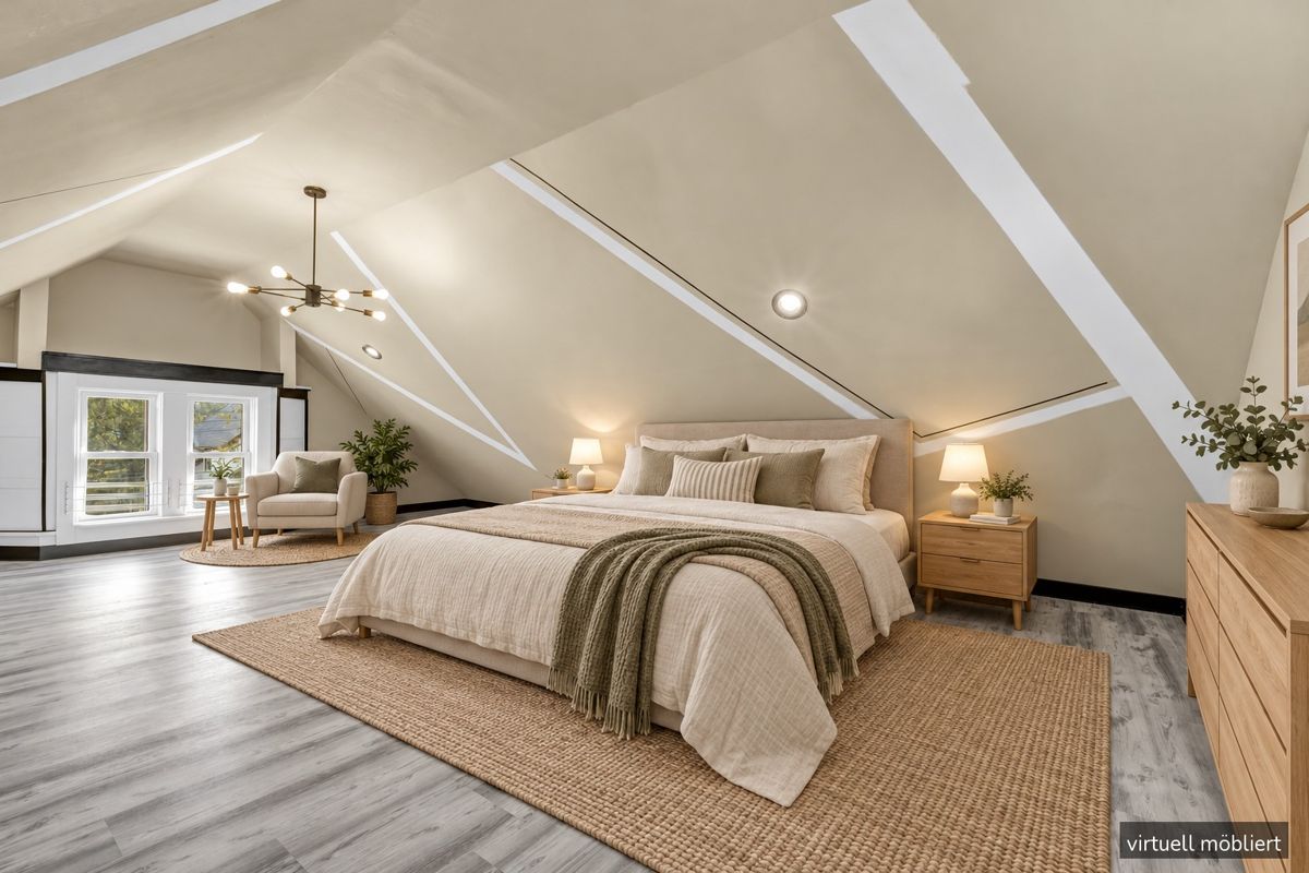 Dachzimmer als Schlafzimmer, virtuell möbliert
