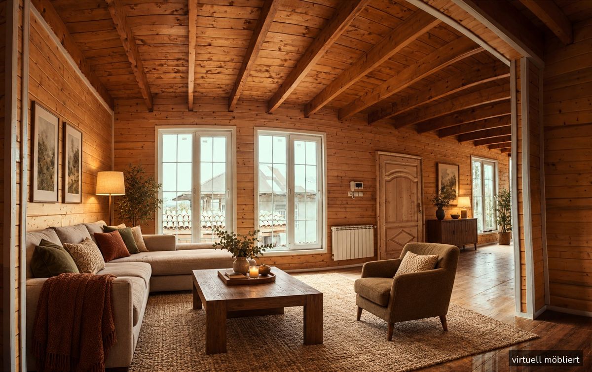 Wohnzimmer mit Holzdecke, virtuell möbliert